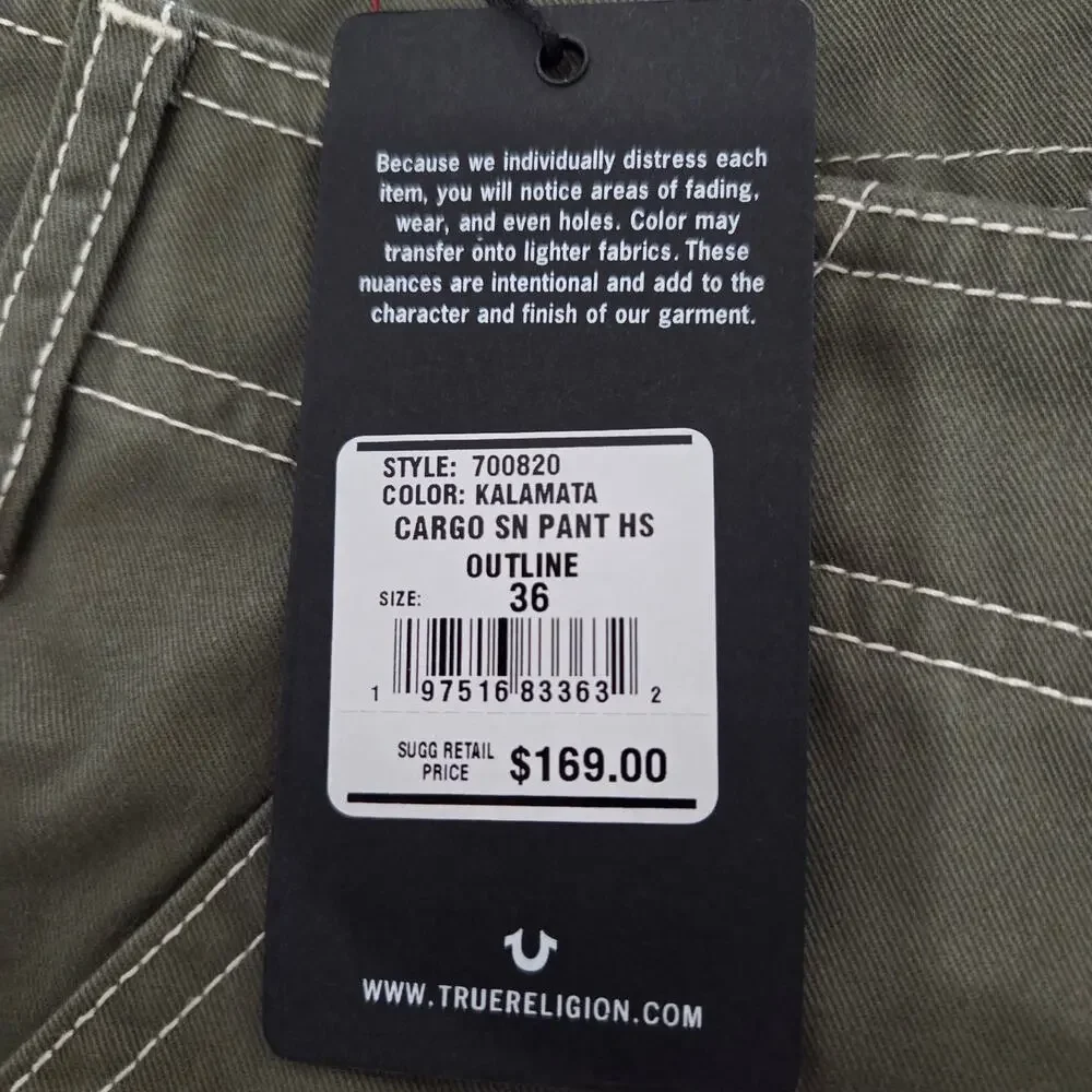 Men's NWT True Religion Baggy Cargo Pants, Size 36